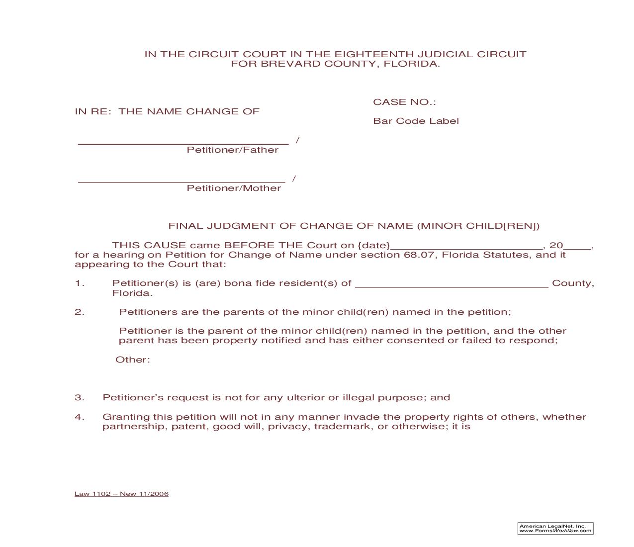 Final Judgment For Change Of Name (Minor Child[ren]) {Law 1102} | Pdf Fpdf Doc Docx | Florida